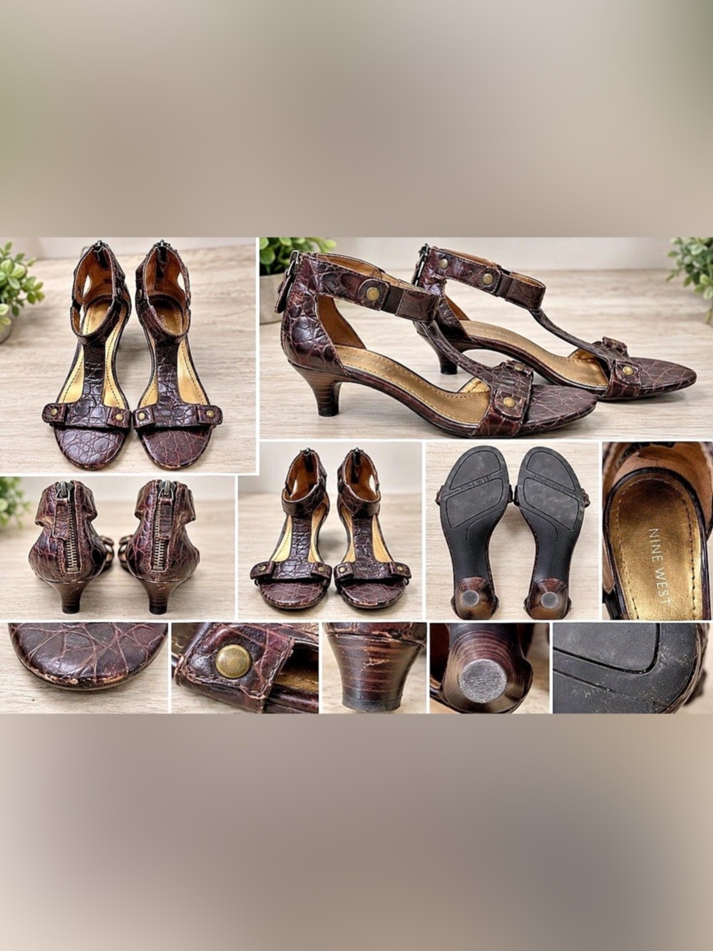 Nine West Brown Croc Embossed T-Strap Kitten Heel Sandals Size 7.5